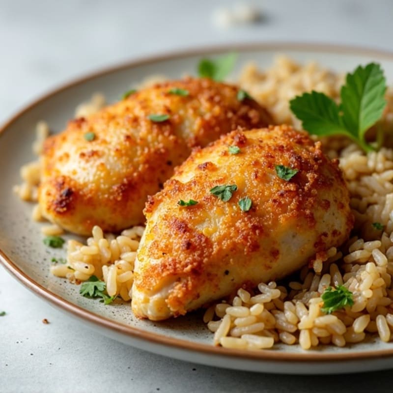 Crispy Pan-Seared Chicken with Garlicky Brown Rice