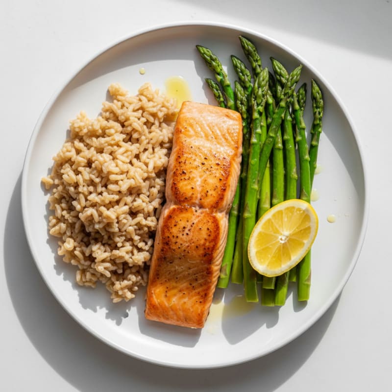 Seared Salmon with Steamed Asparagus and Brown Rice