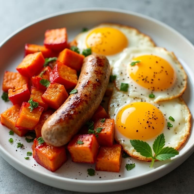 Crispy Sweet Potato and Bell Pepper Skillet with Scrambled Eggs and Lean Turkey Sausage
