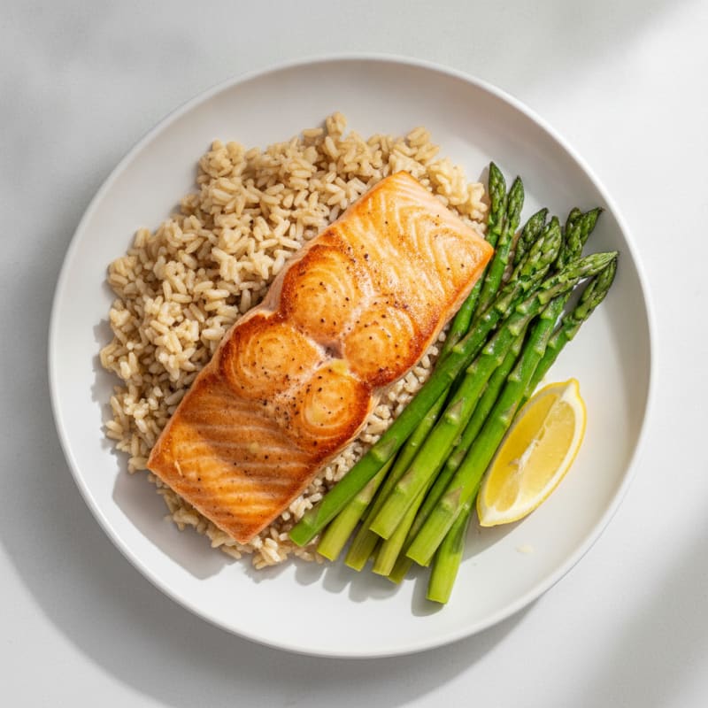 Seared Salmon with Steamed Asparagus and Brown Rice