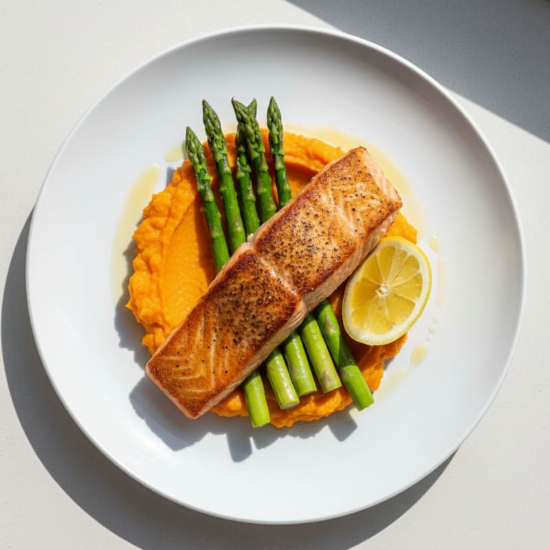 Seared Salmon with Steamed Asparagus and Sweet Potato Mash
