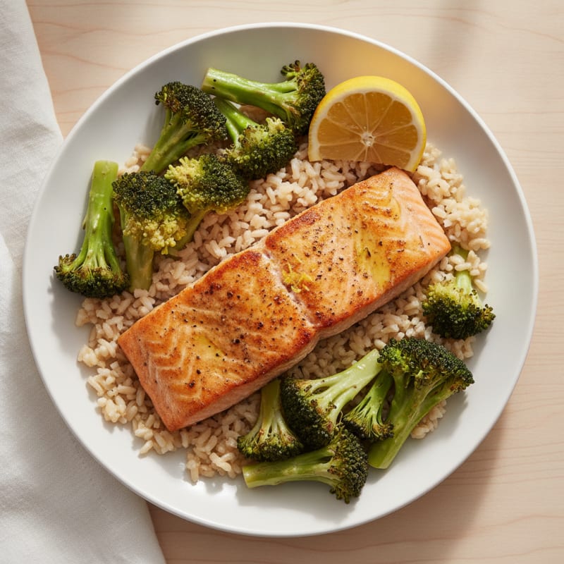 Seared Salmon with Steamed Broccoli and Brown Rice