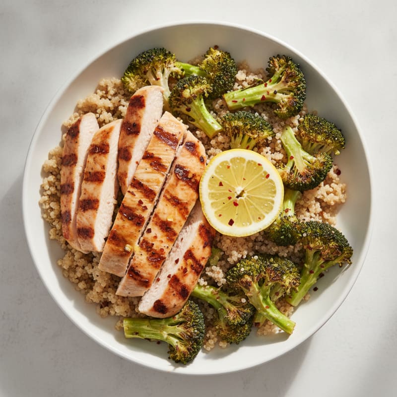 Grilled Chicken and Quinoa Bowl with Roasted Broccoli