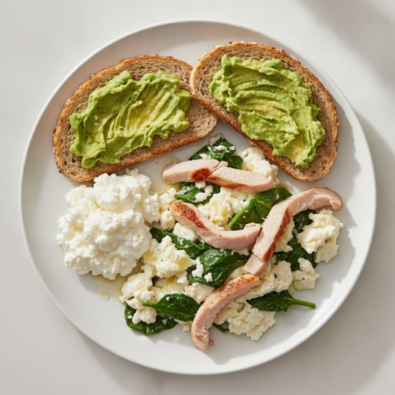 Egg White Spinach Scramble with Cottage Cheese and Sliced Turkey