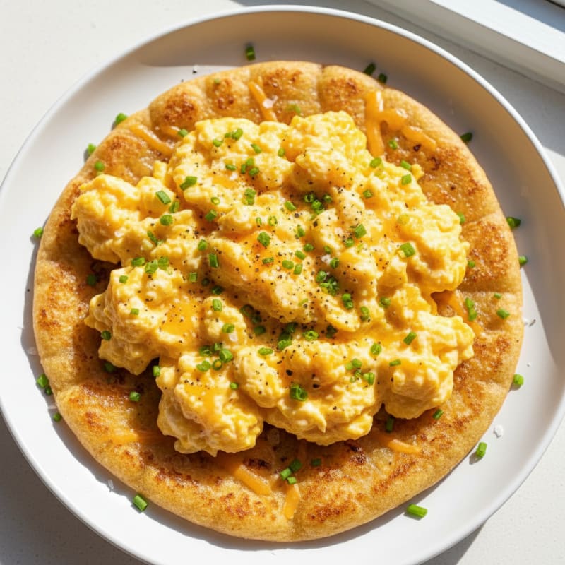 Creamy Cheddar Scrambled Eggs with Crispy Keto Tortilla