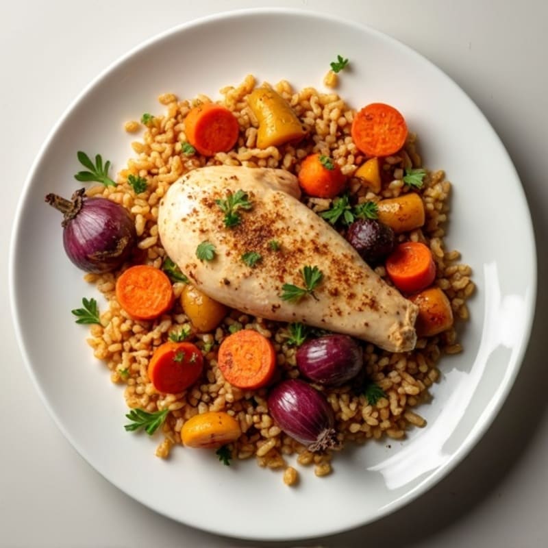 Tender Spiced Chicken and Basmati Pilaf with Roasted Root Vegetables
