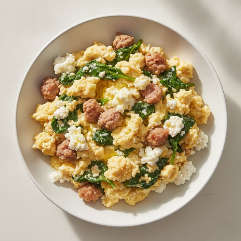 Cottage Cheese Scramble with Spinach and Turkey Sausage