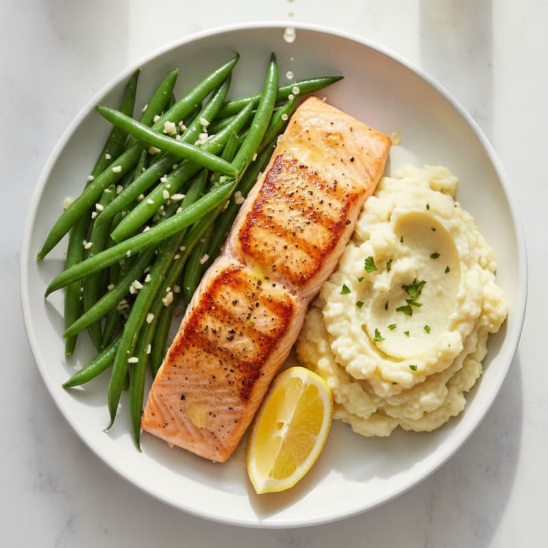 Seared Salmon with Steamed Green Beans and Garlic Mashed Cauliflower