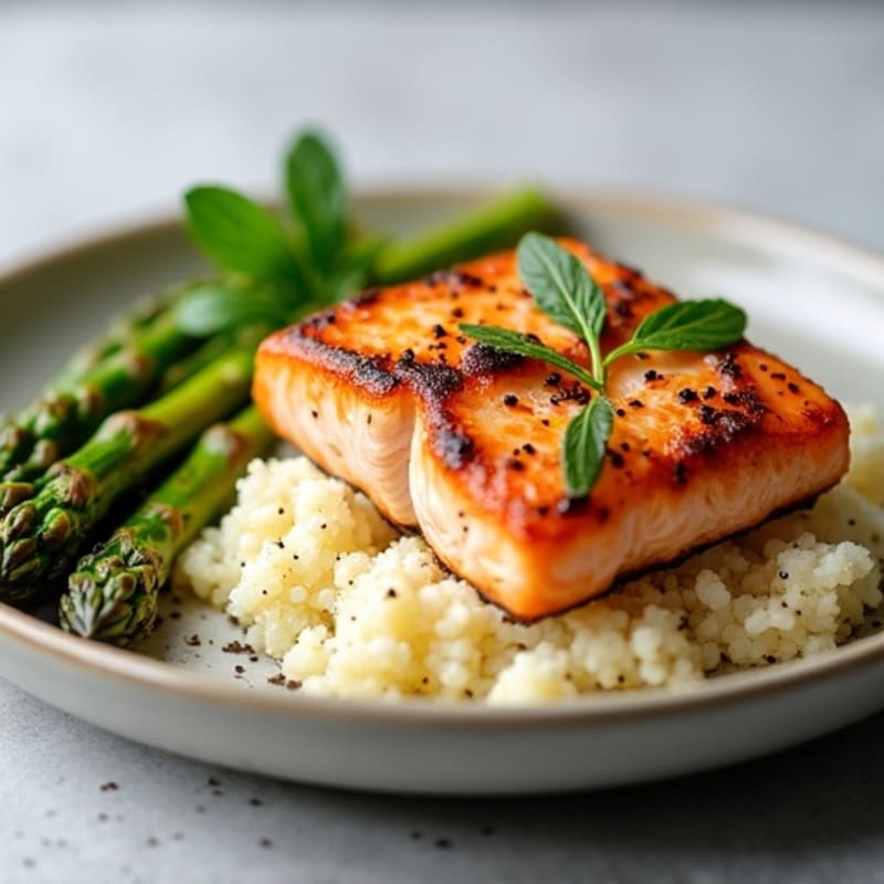 Seared Salmon Fillet with Roasted Asparagus and Cauliflower Rice