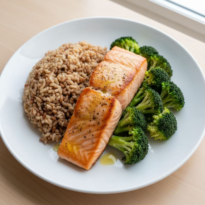 Seared Salmon with Steamed Broccoli and Brown Rice