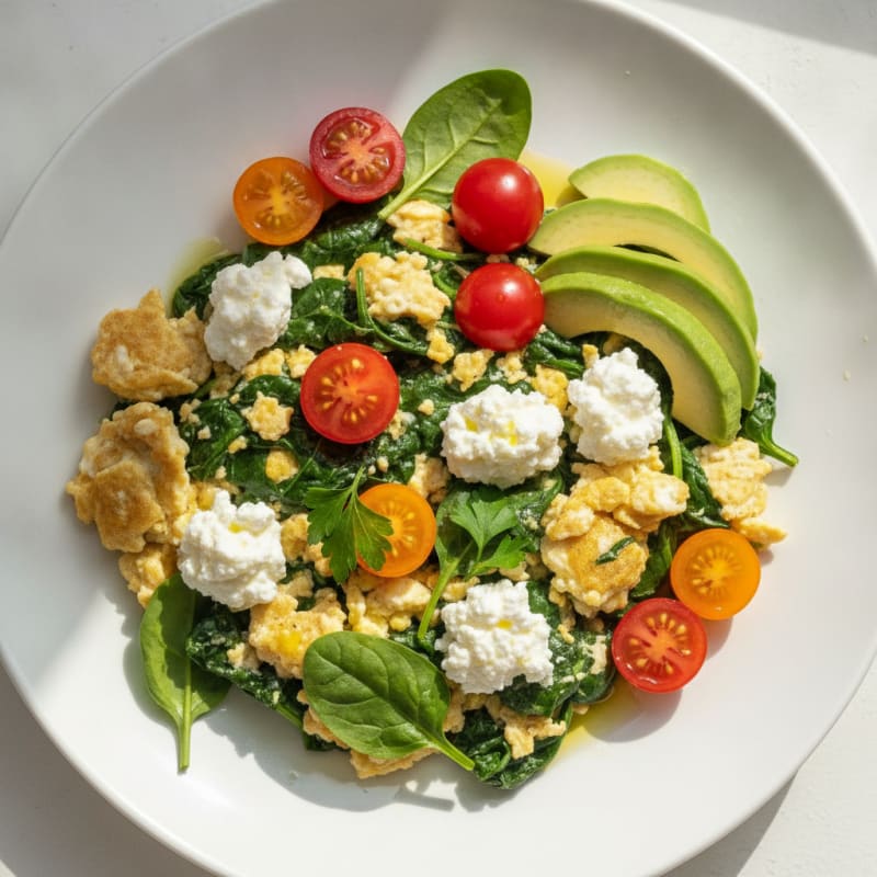 Egg White Spinach Scramble with Cottage Cheese and Fresh Tomatoes