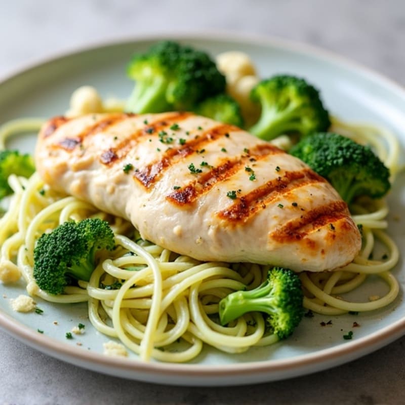 Healthy Creamy Chicken Alfredo with Roasted Broccoli