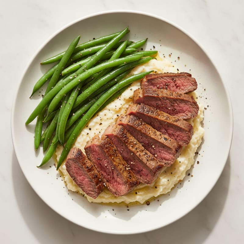 Pan-Seared Lean Steak with Steamed Green Beans and Cauliflower Mash