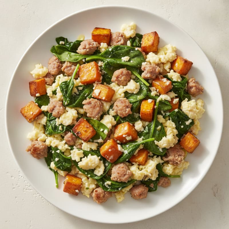 Egg White and Turkey Sausage Scramble with Spinach and Roasted Sweet Potato