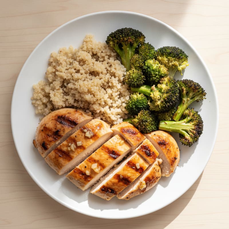 Grilled Lemon-Garlic Chicken Breast with Quinoa and Roasted Broccoli