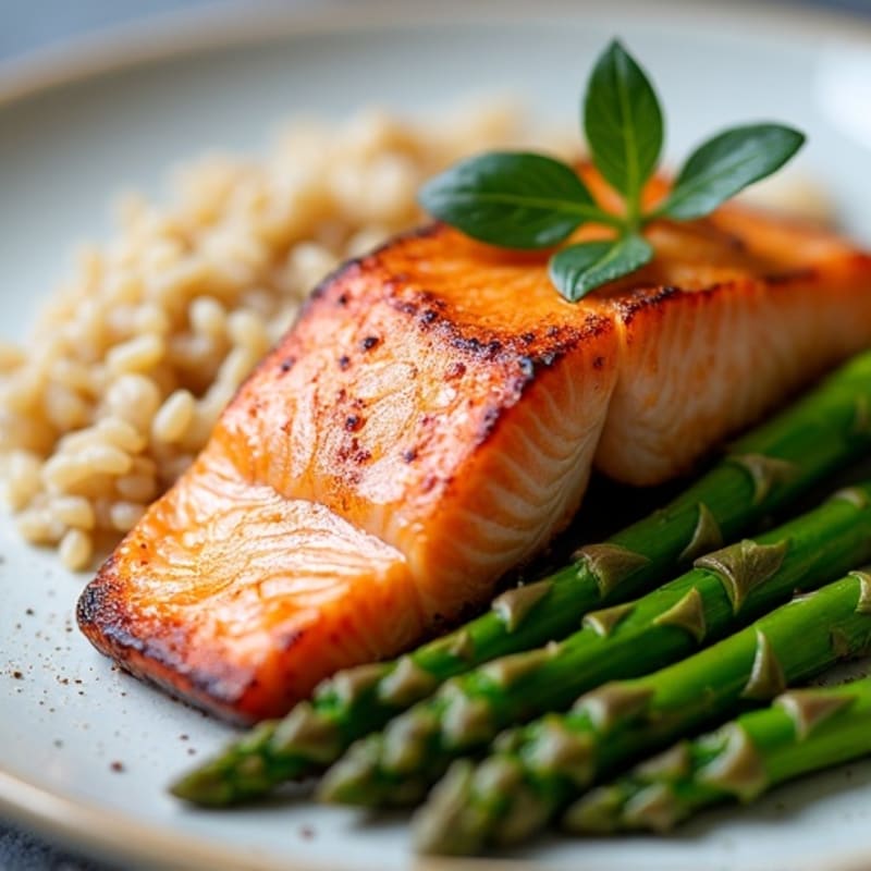 Seared Salmon with Steamed Asparagus and Brown Rice