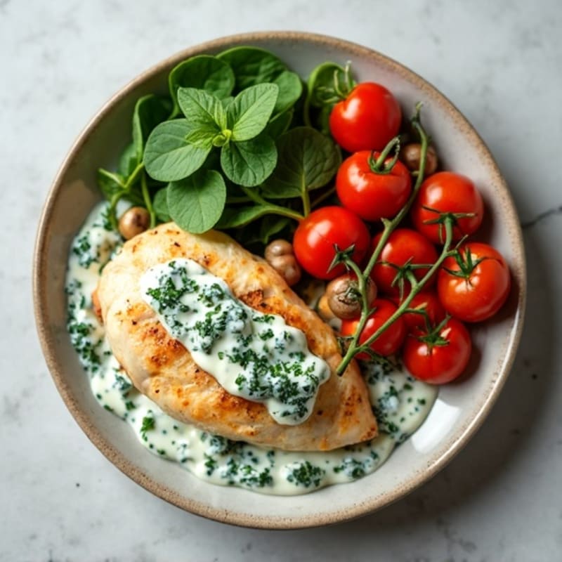 Creamy Spinach Chicken with Roasted Vegetables