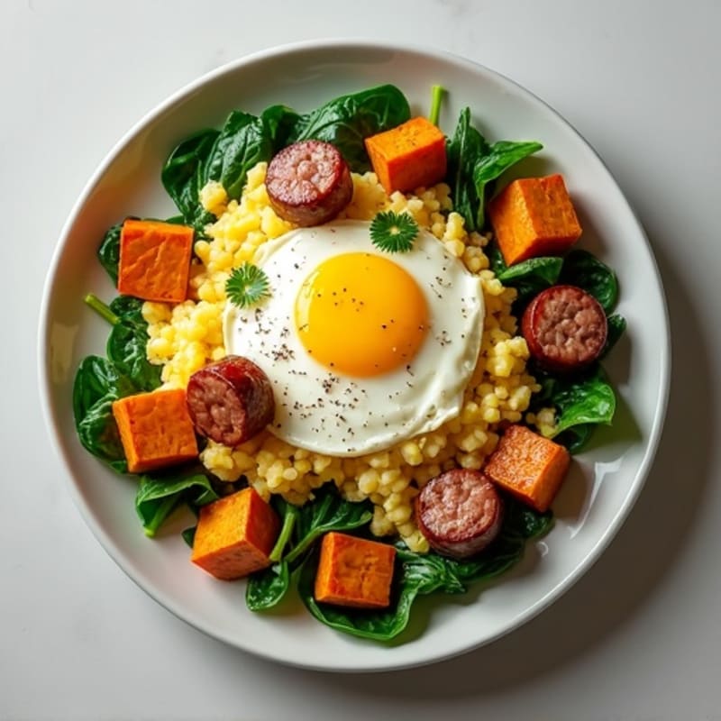 Egg White and Turkey Sausage Scramble with Spinach and Roasted Sweet Potato