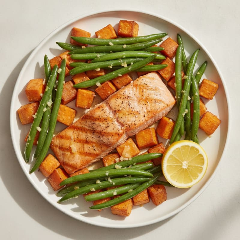 Seared Salmon with Roasted Sweet Potatoes and Green Beans