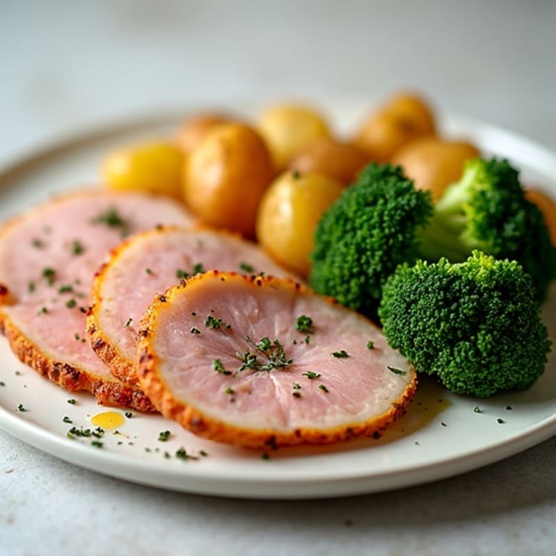 Herb-Roasted Turkey Ham with Crispy Potatoes and Steamed Broccoli