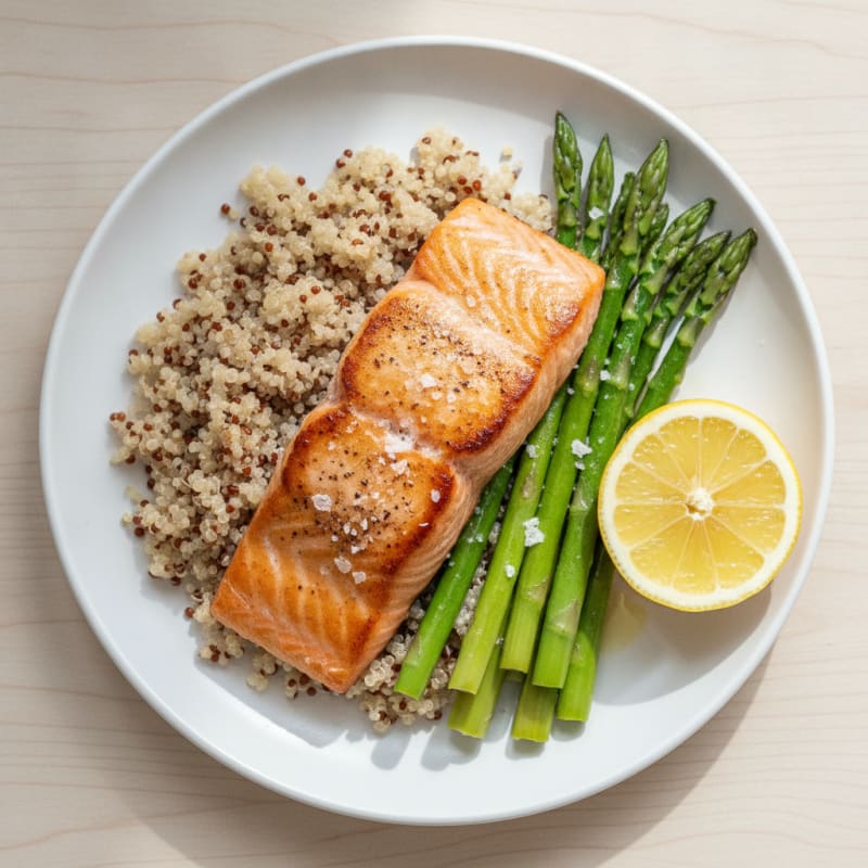 Seared Salmon Fillet with Steamed Asparagus and Quinoa