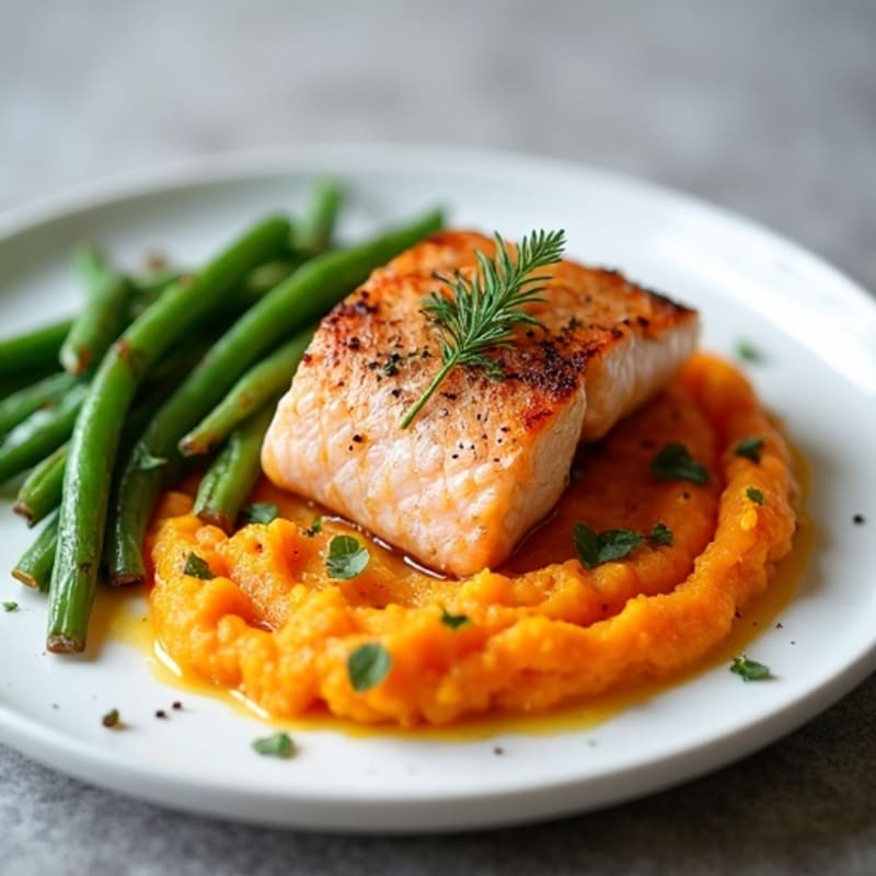 Seared Salmon Fillet with Garlic Green Beans and Sweet Potato Mash