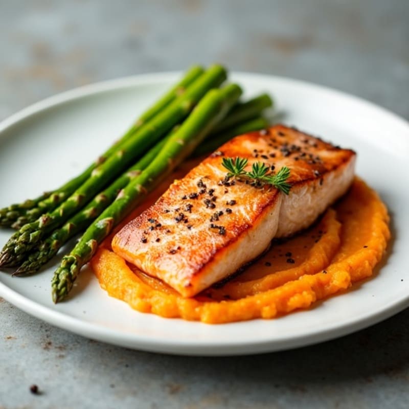 Seared Salmon Fillet with Roasted Asparagus and Sweet Potato Mash