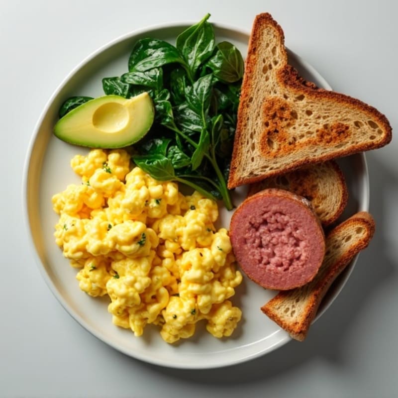 Egg White and Turkey Sausage Scramble with Sautéed Spinach