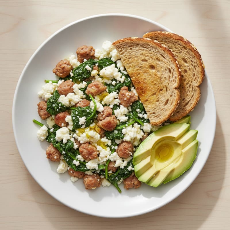 Egg White and Turkey Sausage Scramble with Cottage Cheese and Spinach
