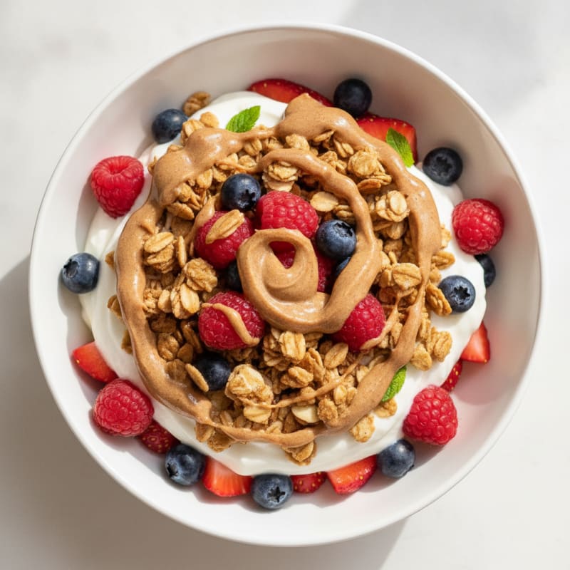 Greek Yogurt Parfait with Crunchy Almond Granola and Mixed Berries