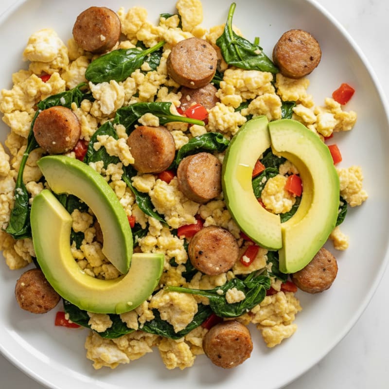 Egg White and Turkey Sausage Scramble with Sautéed Spinach