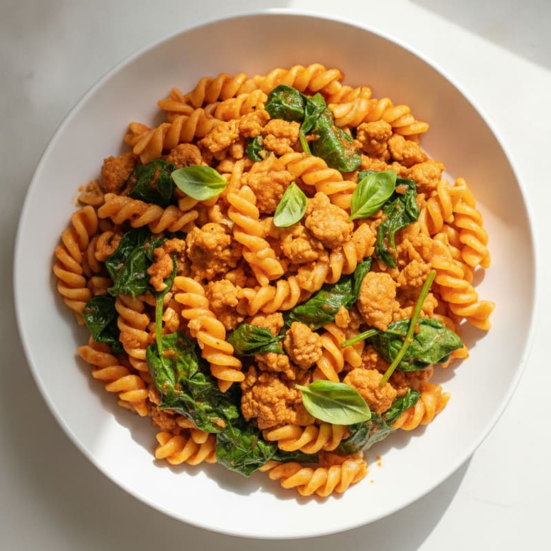 Lean Ground Turkey Pasta with Tomato Basil Sauce and Sautéed Spinach