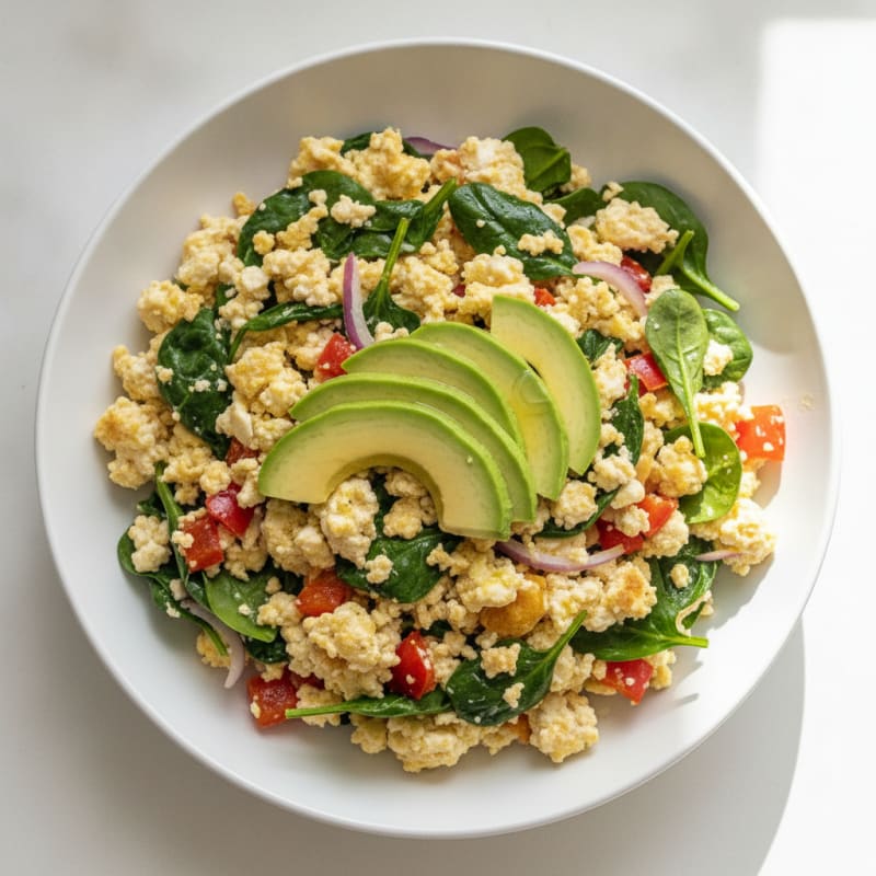 Egg White and Cottage Cheese Veggie Scramble with Spinach and Bell Pepper