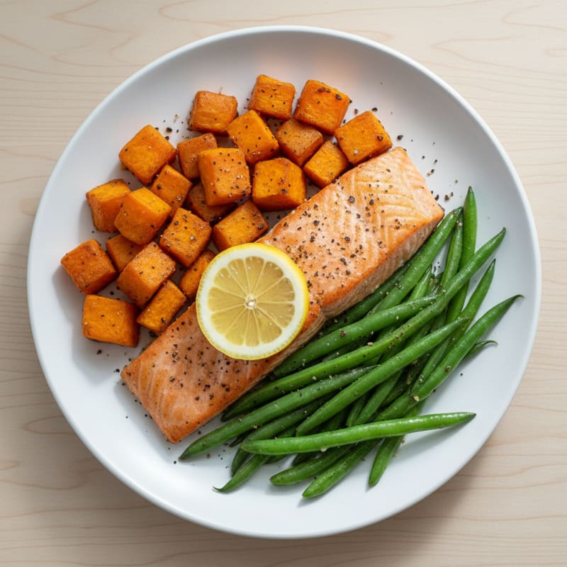 Seared Salmon with Roasted Sweet Potato and Green Beans