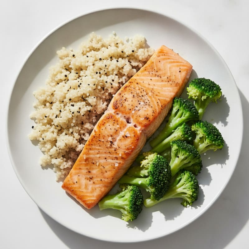 Seared Salmon Fillet with Steamed Broccoli and Quinoa