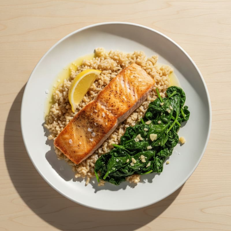 Seared Salmon with Garlic Spinach and Brown Rice