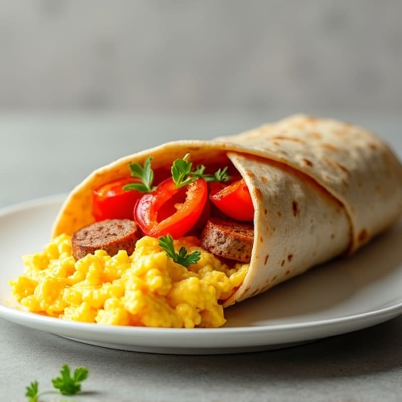 Scrambled Eggs with Lean Turkey Sausage and Crispy Bell Peppers Breakfast Burrito