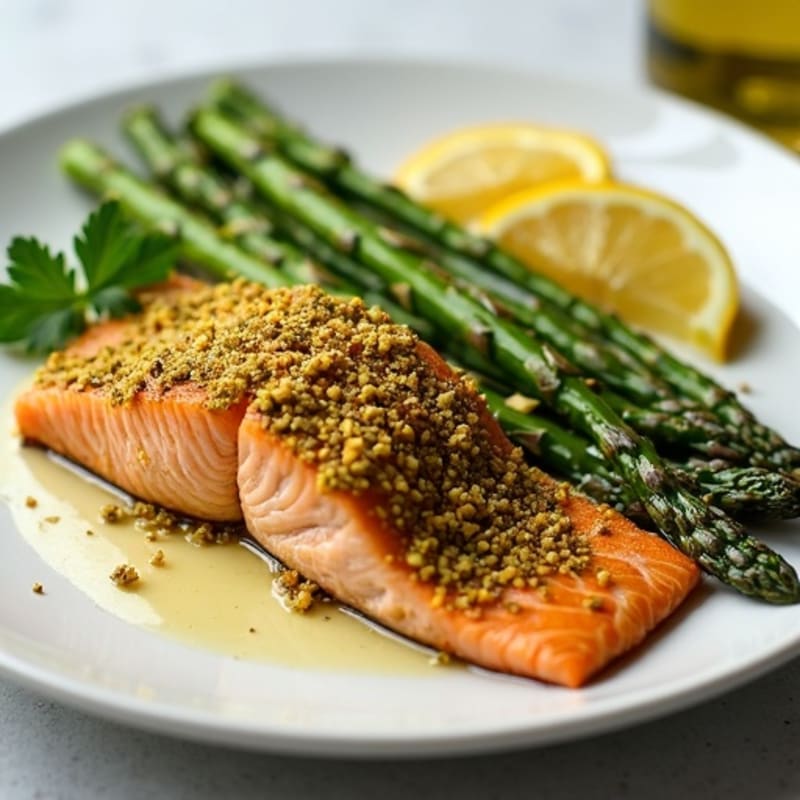 Crispy Pistachio-Crusted Salmon with Lemon-Herb Roasted Asparagus