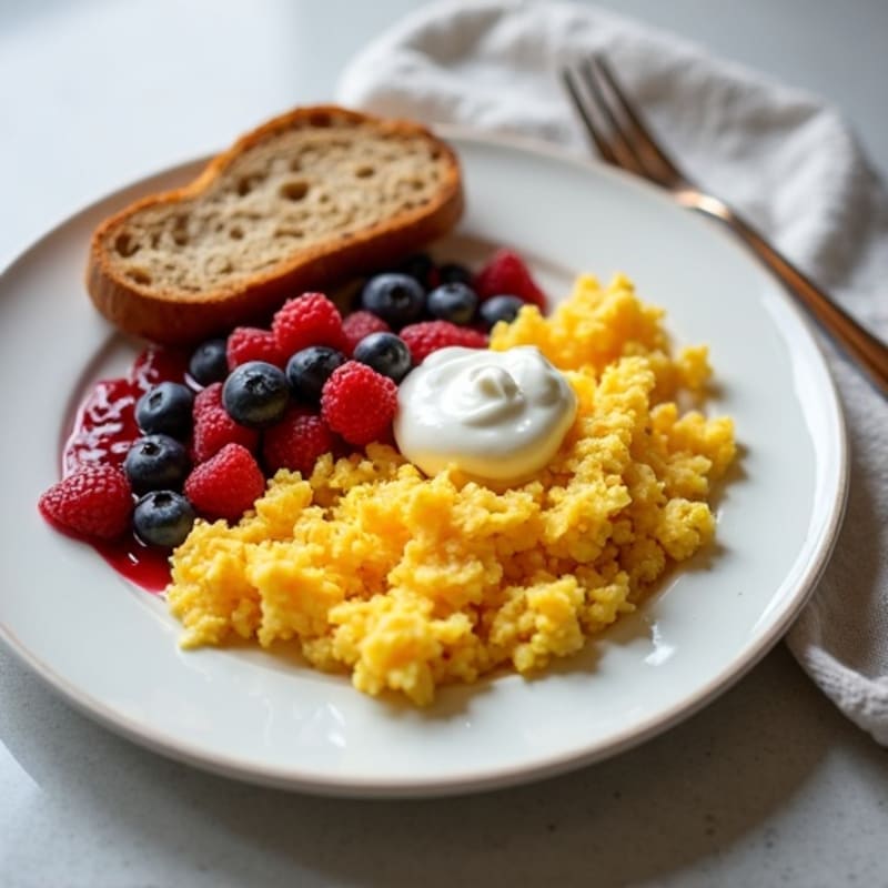 Creamy Scrambled Eggs with Fresh Berry Compote and Crispy Whole Grain Toast