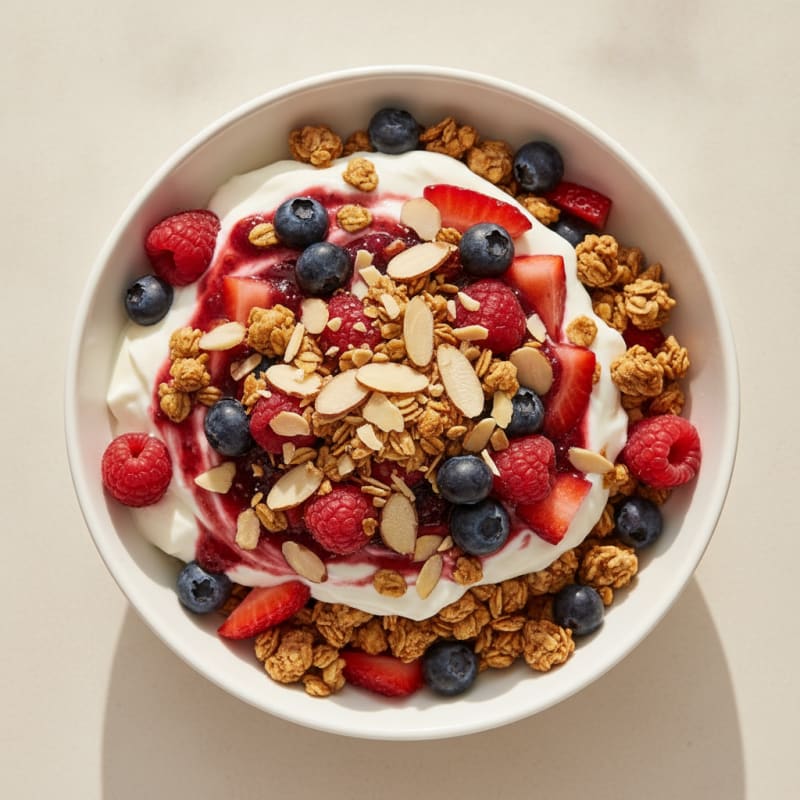 Greek Yogurt Parfait with Crunchy Almond Granola and Berries