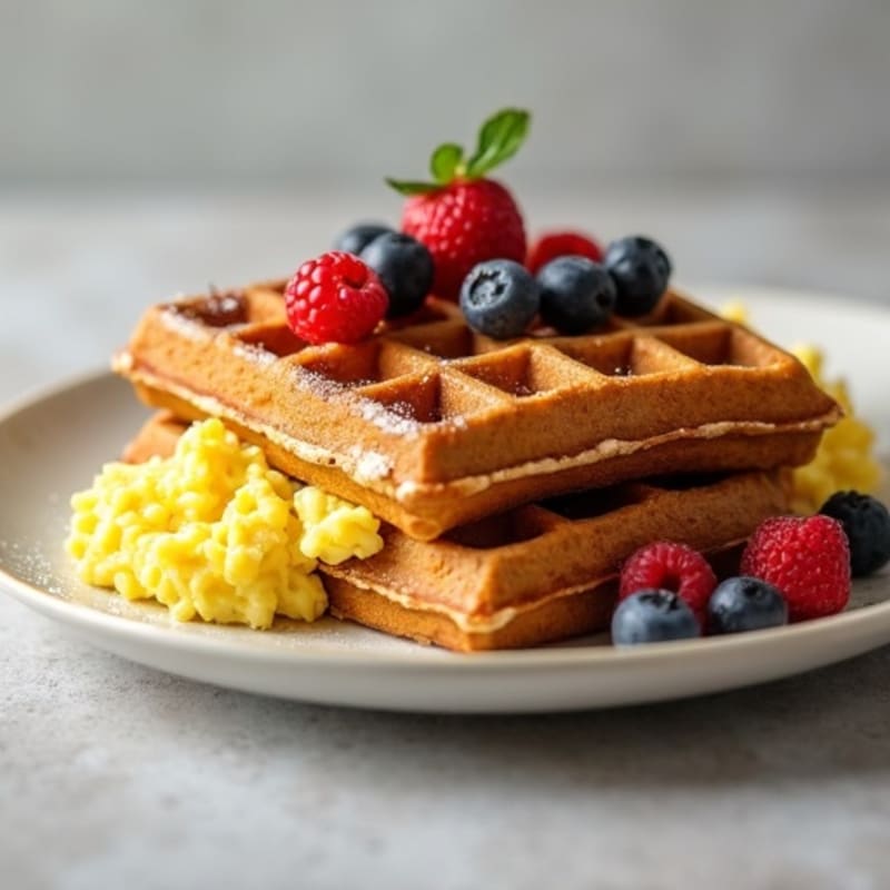 Crispy Whole Grain Waffles with Scrambled Eggs and Fresh Berries