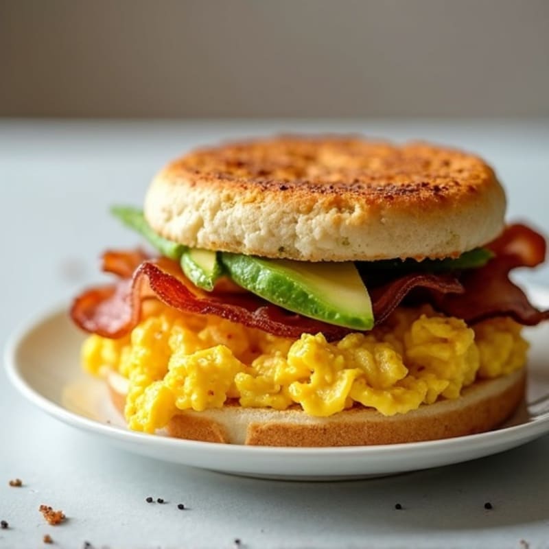 Crispy English Muffin with Fluffy Scrambled Eggs, Lean Turkey Bacon, and Fresh Avocado