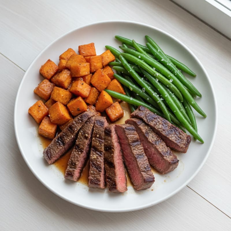 Seared Beef Strips with Roasted Sweet Potatoes and Steamed Green Beans