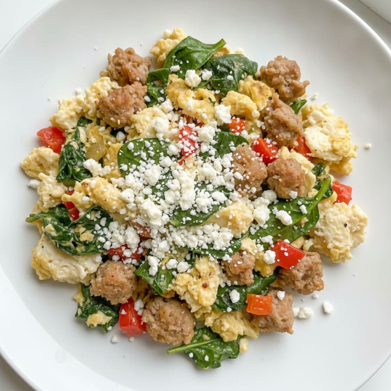 Egg White and Turkey Sausage Scramble with Spinach and Bell Peppers