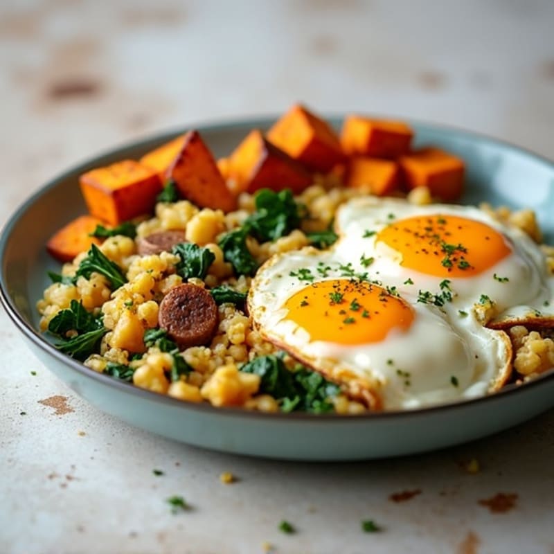 Egg White and Turkey Sausage Scramble with Spinach and Roasted Sweet Potatoes
