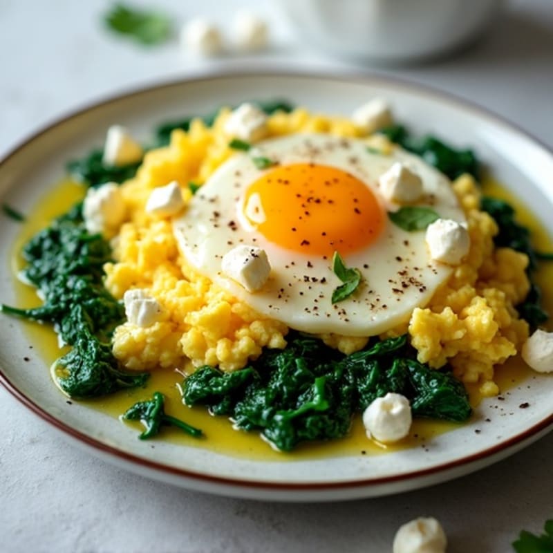 Fluffy Scrambled Eggs with Sautéed Spinach and Feta