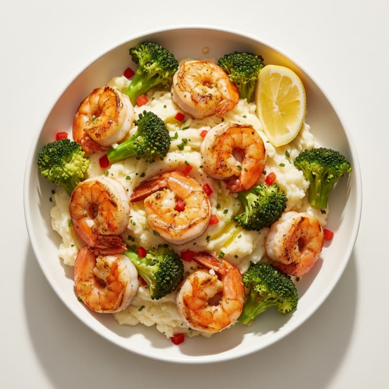 Grilled Shrimp and Broccoli Bowl with Mashed Potatoes