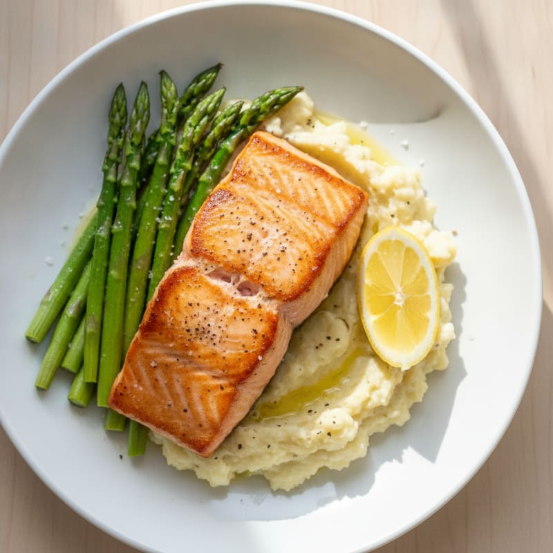 Seared Salmon with Steamed Asparagus and Garlic Cauliflower Mash
