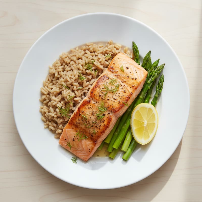 Seared Salmon with Steamed Asparagus and Brown Rice