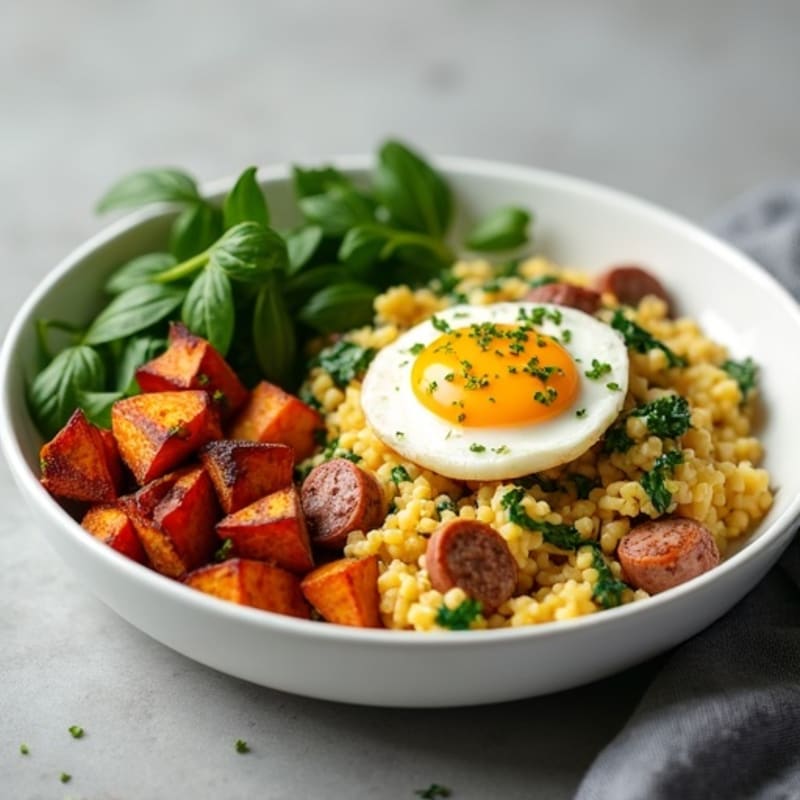 Egg White and Turkey Sausage Scramble with Spinach and Roasted Sweet Potatoes